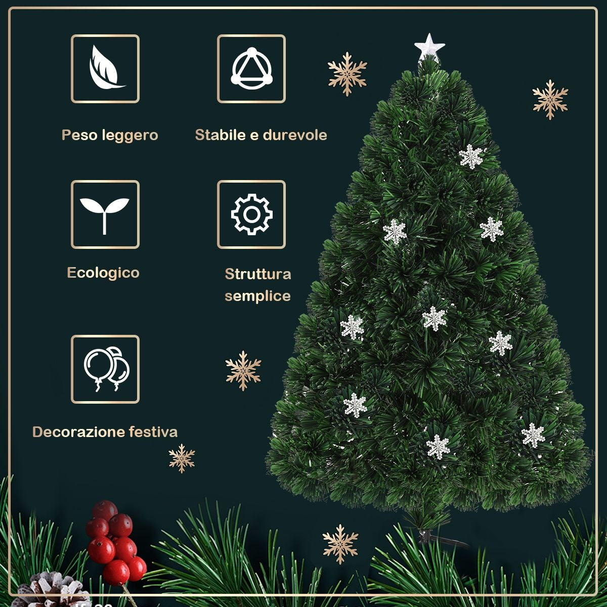 Albero Di Natale Artificiale 210Cm a LED Con Cambia Colori in Fibra Di Vetro Con 280 Rami, 40 Luci LED Fiocchi Di Neve E Stella