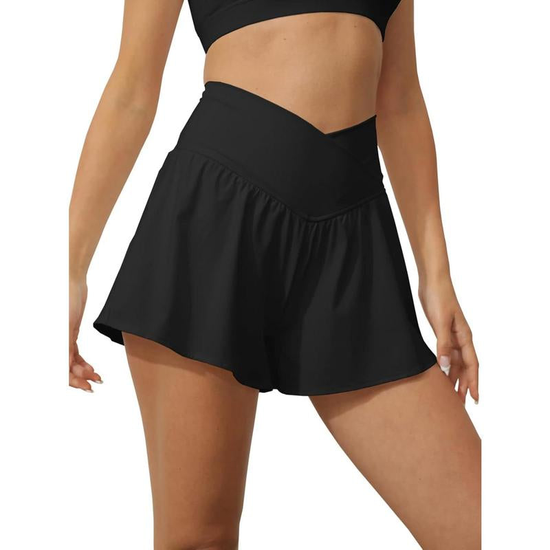 Fisace Women Crossover Shorts Flowy Athletic Butterfly 2 in 1 Shorts with Pocket High Waist Running Workout Skorts