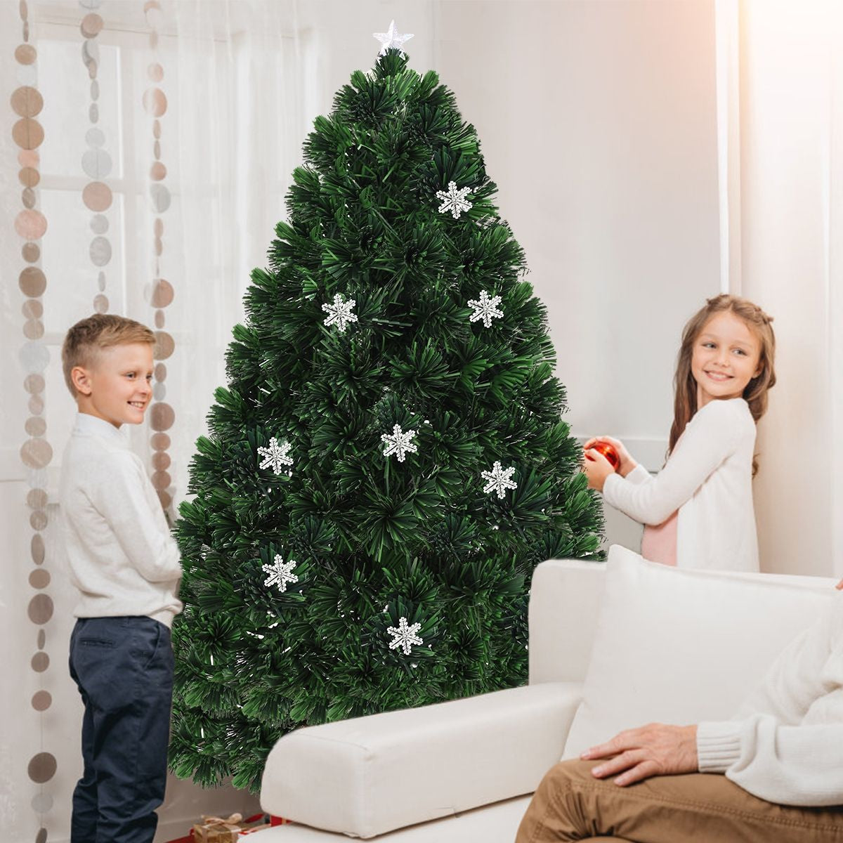 Albero Di Natale Artificiale 210Cm a LED Con Cambia Colori in Fibra Di Vetro Con 280 Rami, 40 Luci LED Fiocchi Di Neve E Stella